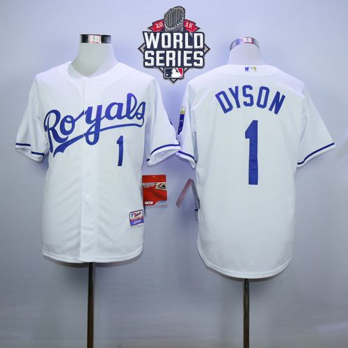 Royals #1 Jarrod Dyson White Cool Base W/2015 World Series Patch Stitched MLB Jersey - Click Image to Close